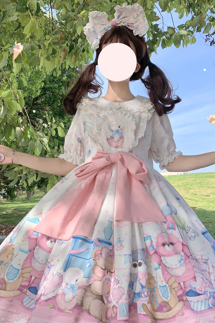 White/Pink Duck Bear Toys Print Short Sleeves Ruffle Bowknot Sweet Lolita Dress