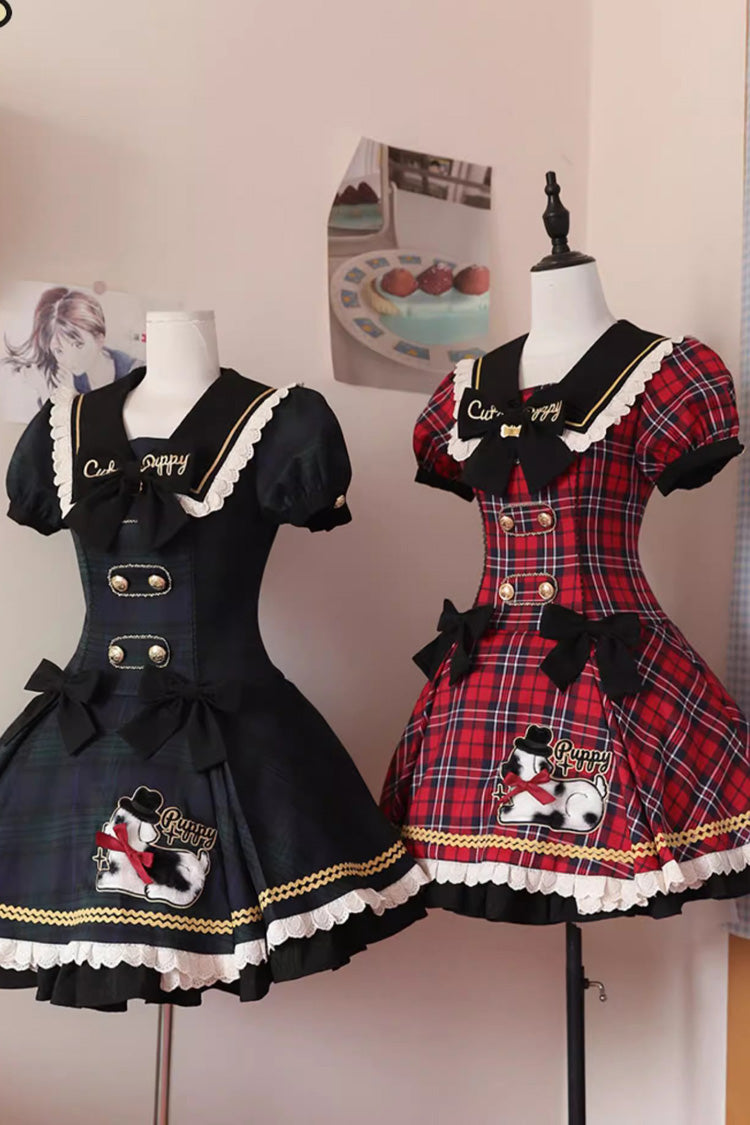 Red Dalmatian Short Sleeves Print Ruffle Bowknot Slim Sweet Lolita Dress