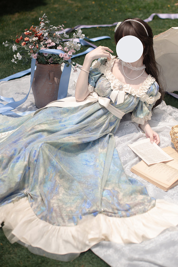 Blue Oil Painting Sun and Moon Poem Short Sleeves Print Ruffle Bowknot Sweet Princess Lolita Dress