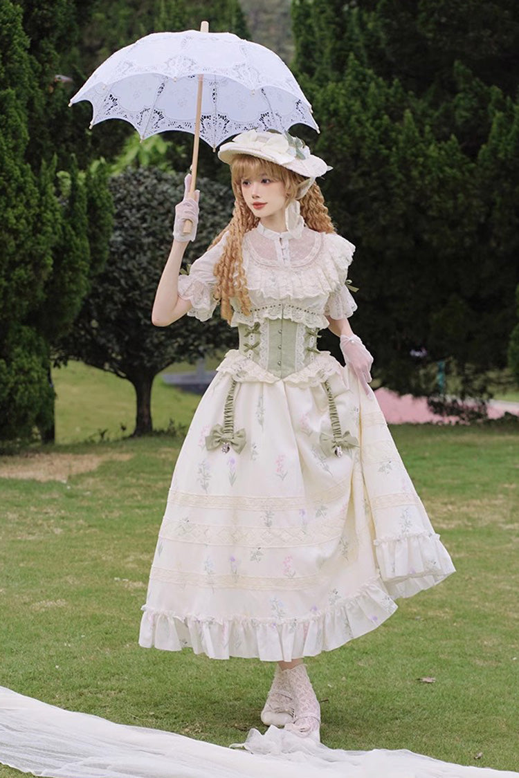 White/Green Letters and Poems to Austen Short Sleeves Print Hollow Lace Sweet Elegant Lolita Dress