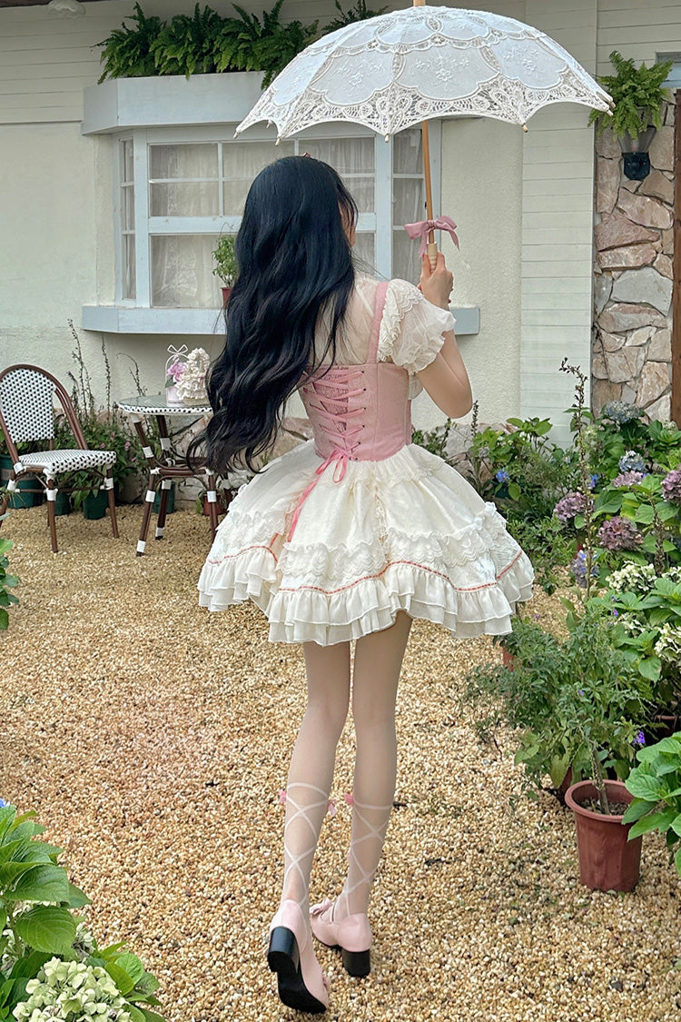 White/Pink Secret Garden Multi-layer Ruffle Bowknot Lace-Up Sweet Princess Lolita Jsk Dress