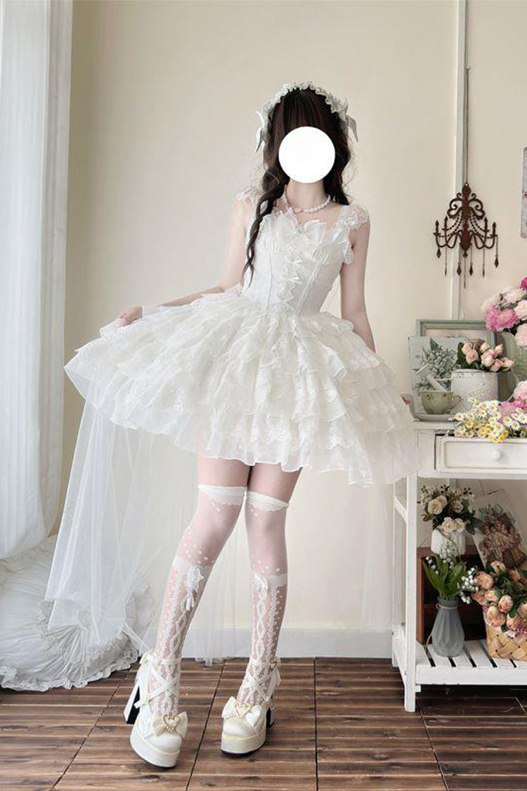 White From Broken Wings to Rebirth Sleeveless Multi-Layered Ruffle Bowknot Lace-Up Gothic Ballet Lolita Jsk Dress