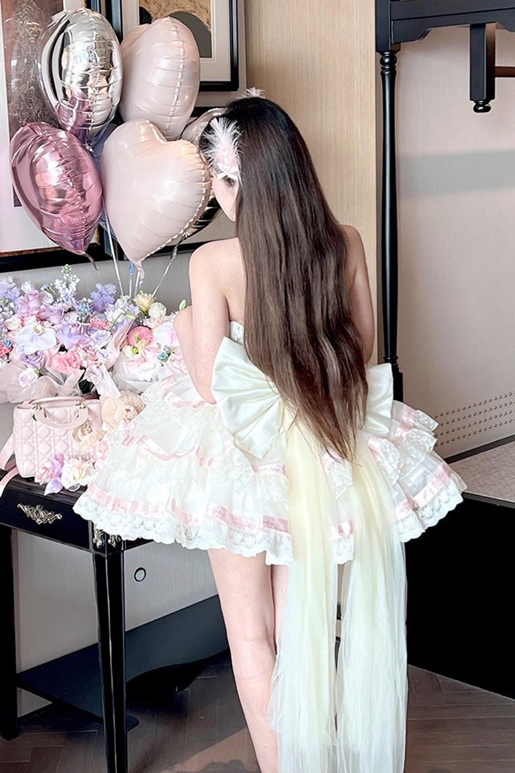 Beige Ballet Dream Halterneck Triple-Layered Ruffle Bowknot Lace-Up Sweet Princess Lolita Dress