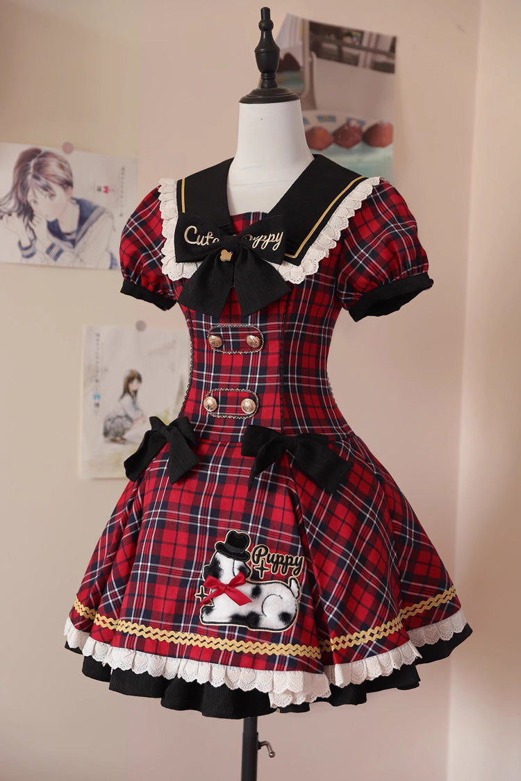 Red Dalmatian Short Sleeves Print Ruffle Bowknot Slim Sweet Lolita Dress
