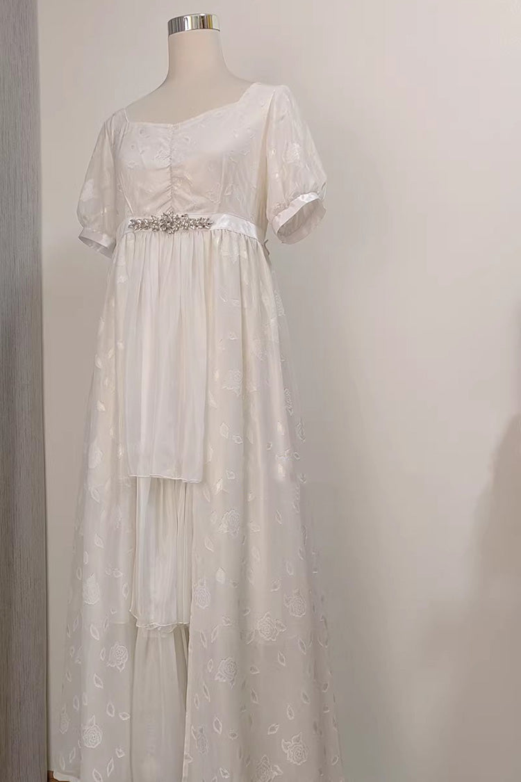 White Square Collar Short Sleeves Subtle Rose Printed Embroidered Bow Sweet Elegant Lolita Dress