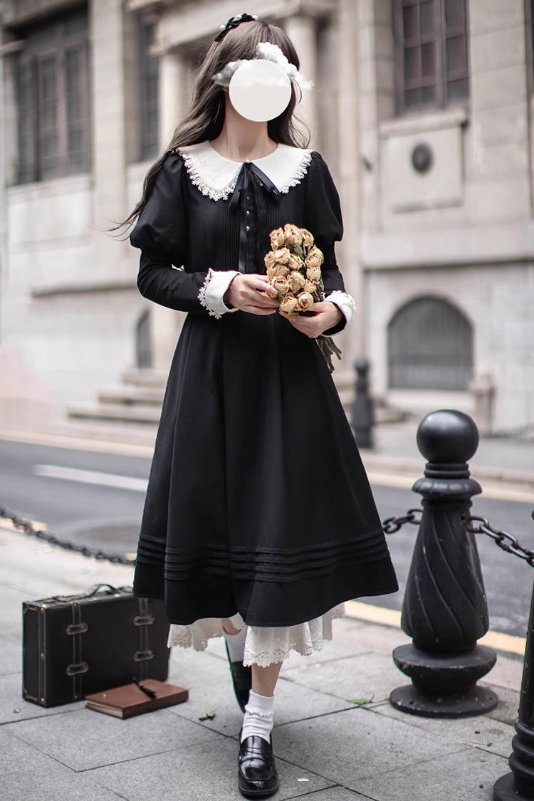 Black Angelina Doll Collar Long Sleeves Ruffle Bowknot Classic Vintage Elegant Lolita Dress