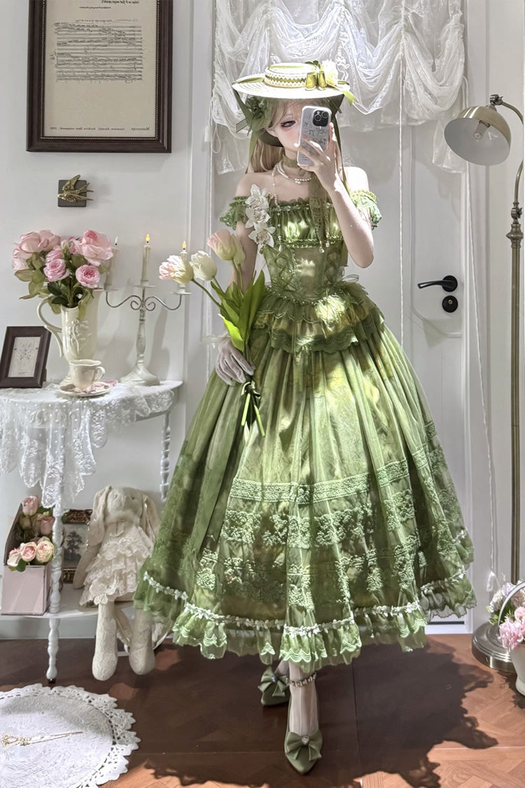 Green Mist-shrouded Vineyard Sleeveless Ruffle Bowknot Lace-Up Sweet Lolita Jsk Skirt Dress Set