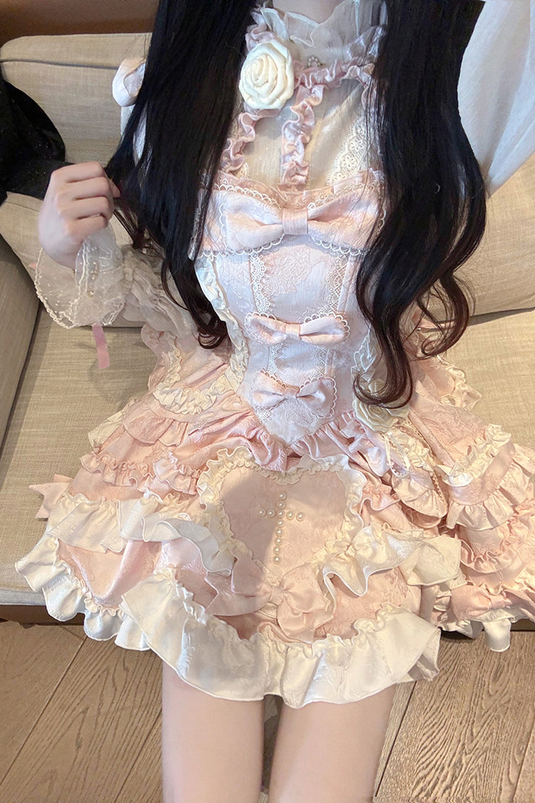 Pink Heart of Butterfly Halterneck Sleeveless Multi-Layered Ruffle Embroidery Princess Ballet Lolita Jsk Dress Set