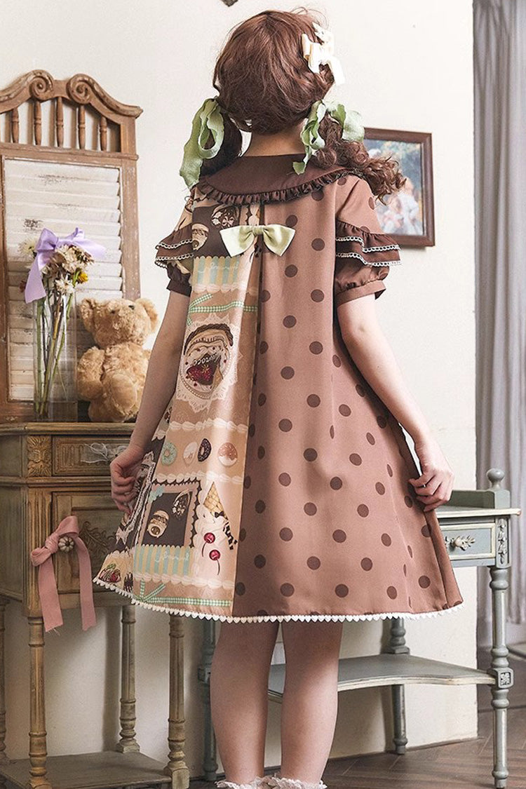 Cake Chocolate Dessert Print Short Sleeves Ruffle Bowknot Sweet Lolita Dress 2 Colors