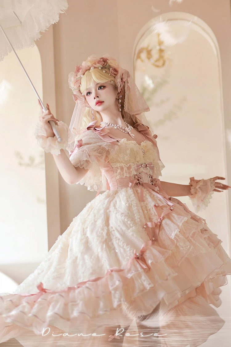 Pink Diane Rose Short Sleeves Multi-Layered Jacquard Ruffle Hanayome Cardigan Bowknot Lace Sweet Lolita Dress