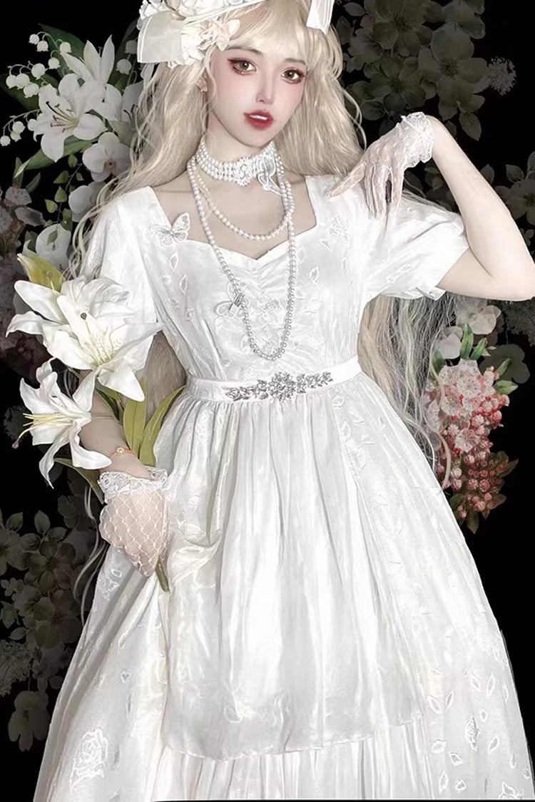 White Square Collar Short Sleeves Subtle Rose Printed Embroidered Bow Sweet Elegant Lolita Dress