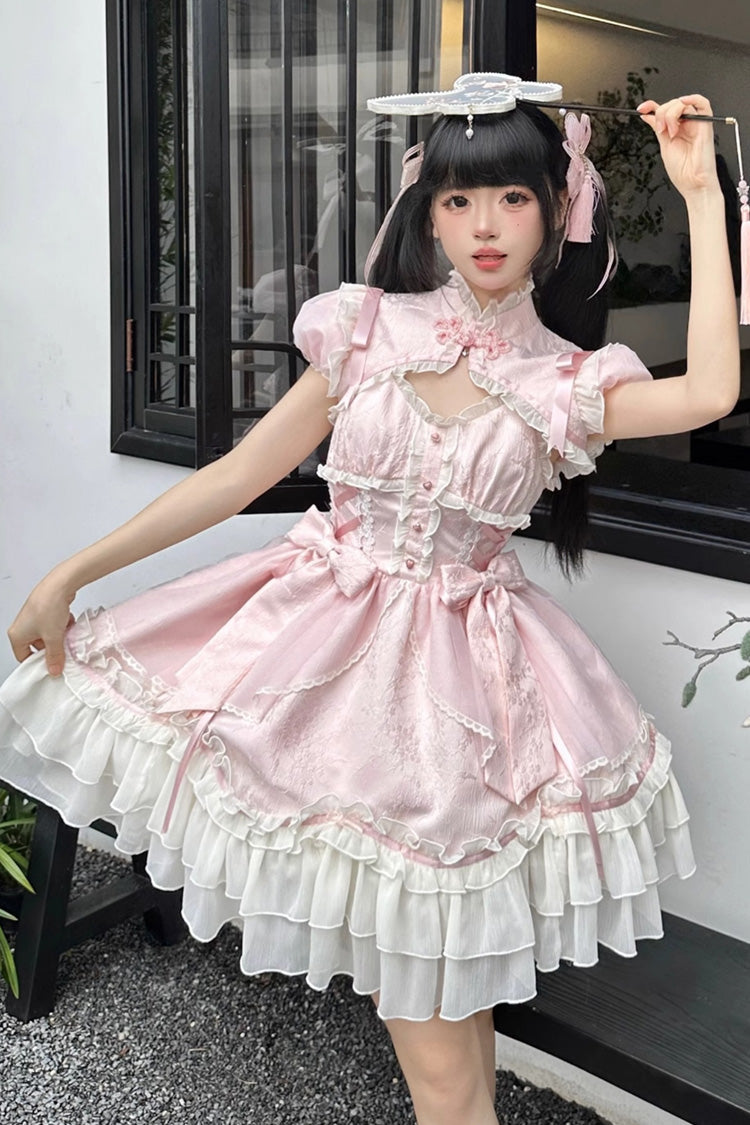 Pink Spring Flower Notes Ruffle Bowknot Lace Sweet Princess Lolita Jsk Dress