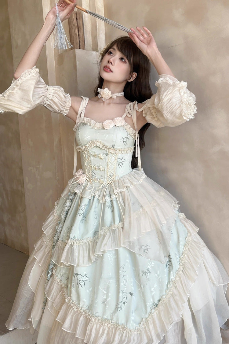 Green Tea Bamboo Song Sleeveless Print Ruffle Bowknot Sweet Chinese Style Elegant Ballet Lolita Jsk Long Dress