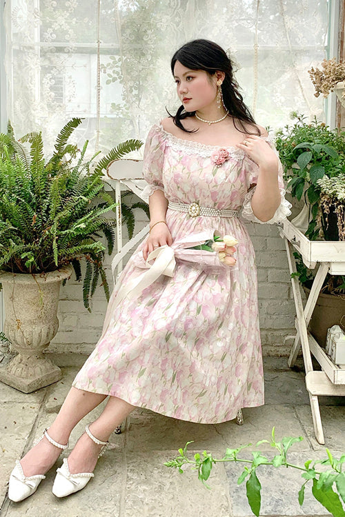 Boat Neck Ruffled Short Sleeves Plus Size Tulips Floral Print High Waisted Sweet Lolita OP Dress