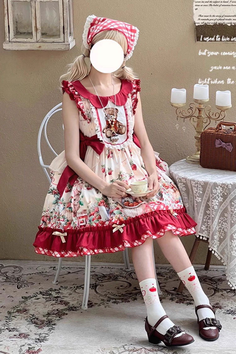 Red December Strawberry Bear Print Ruffle Bowknot Sweet Lolita Dress
