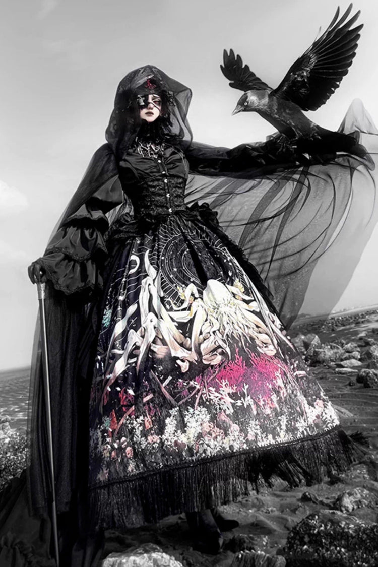 Black Reborn Ancient God Long Hime Sleeves Print Lace Gothic Lolita Skirt Dress Set