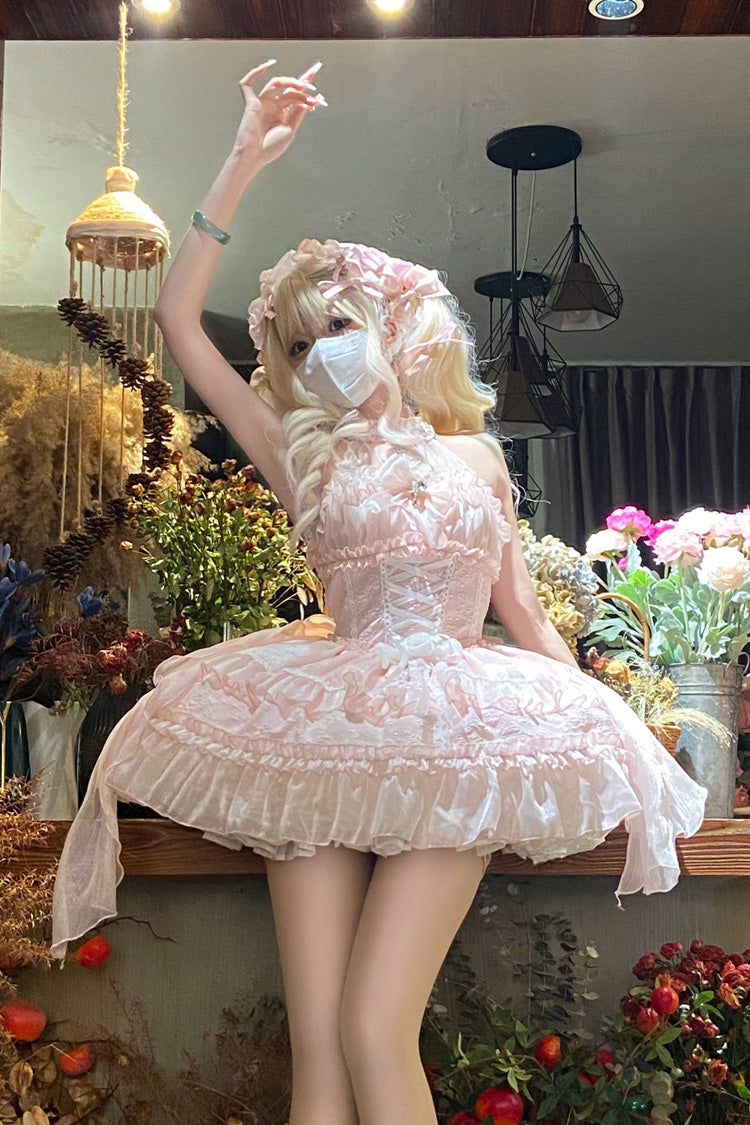 Pink Halterneck Triple-Layered Bowknot Lace Sweet Lolita Jsk Dress