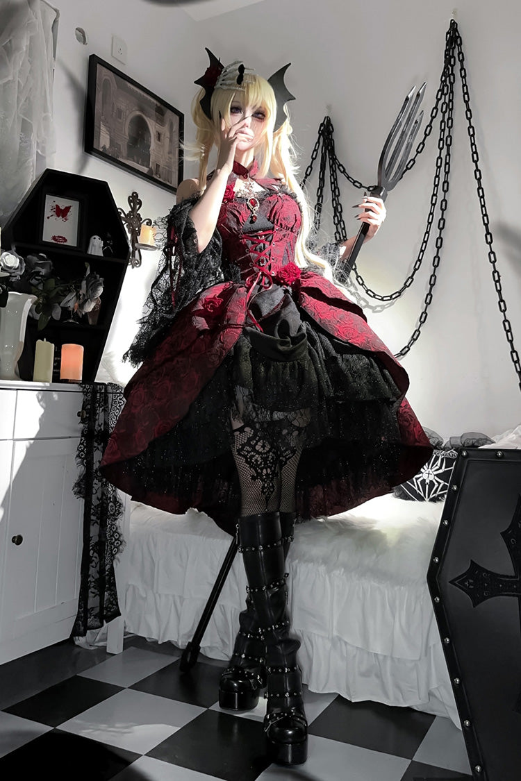 Black/Red Weeping Rose Jacquard Print Ruffle Cardigan Bowknot Lace-Up Gothic Lolita Dress