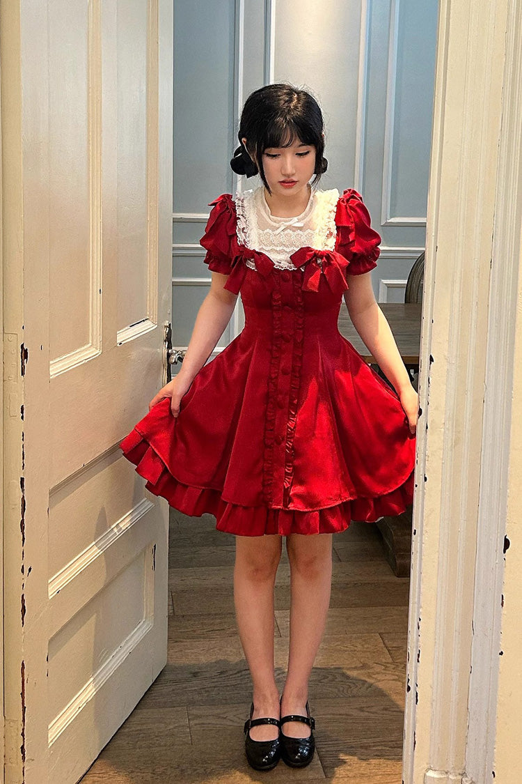 Wine Red Annie's Gift Short Sleeves Bowknot Short Version Sweet Lolita Dress (Plus Size Support)