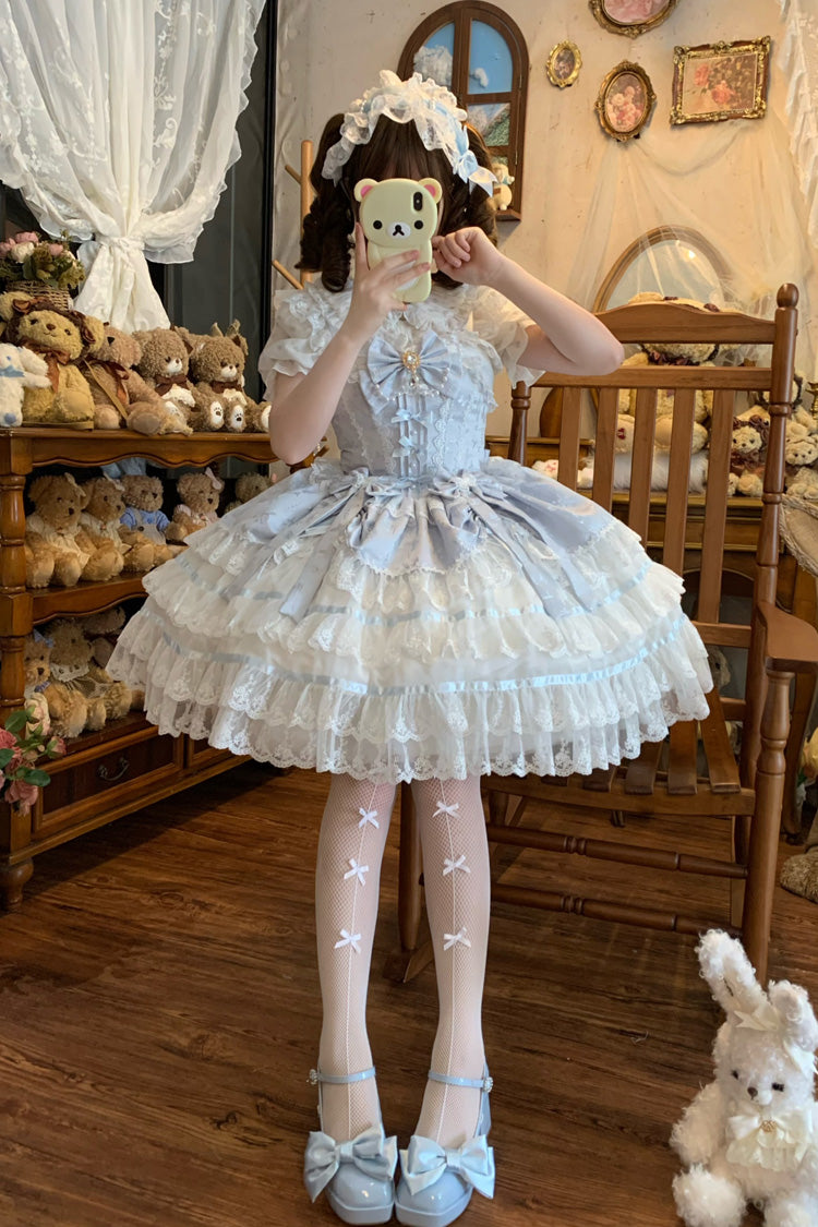 Blue Snow Kissed Romance Sleeveless High Waisted Multi-Layered Bowknot Lace Pearl Sweet Ballet Lolita Jsk Dress