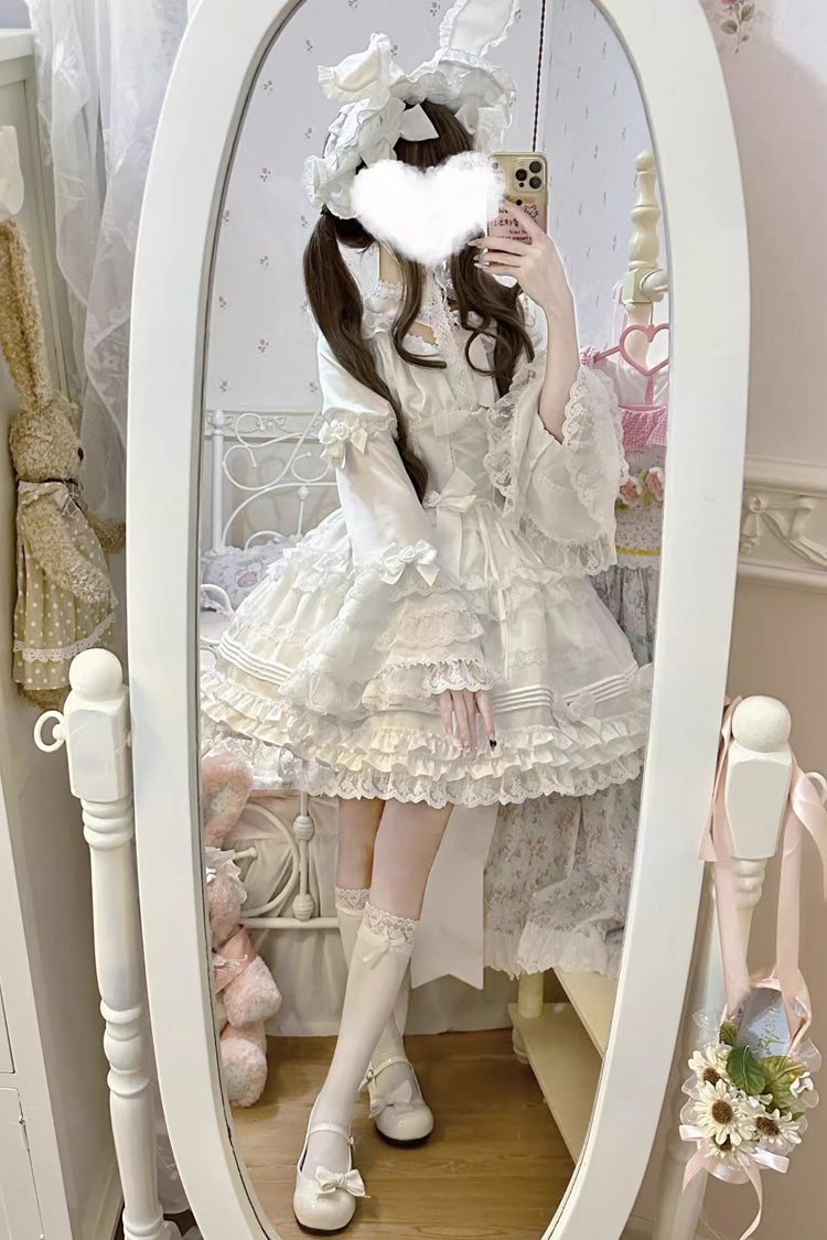 White Layered Buttercream Frosting Short Sleeves Ruffle Bowknot Lace Sweet Lolita Dress