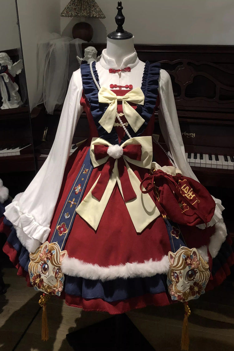 Red/Blue Year of the Horse Ruffled Embroidered Bow Sweet Chinese Style Lolita Jsk Dress Set