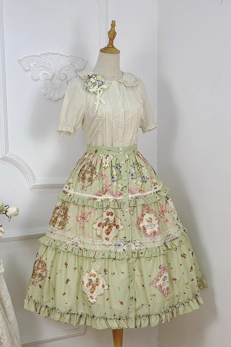 Green Cat Rose Tea Print Ruffle Daily Sweet Lolita Skirt