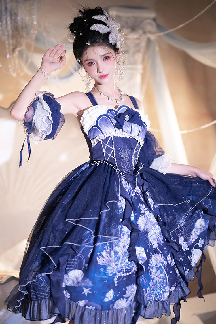 Blue Deep Sea Jellyfish Print Ruffle Lace Sweet Elegant Lolita Jsk Dress