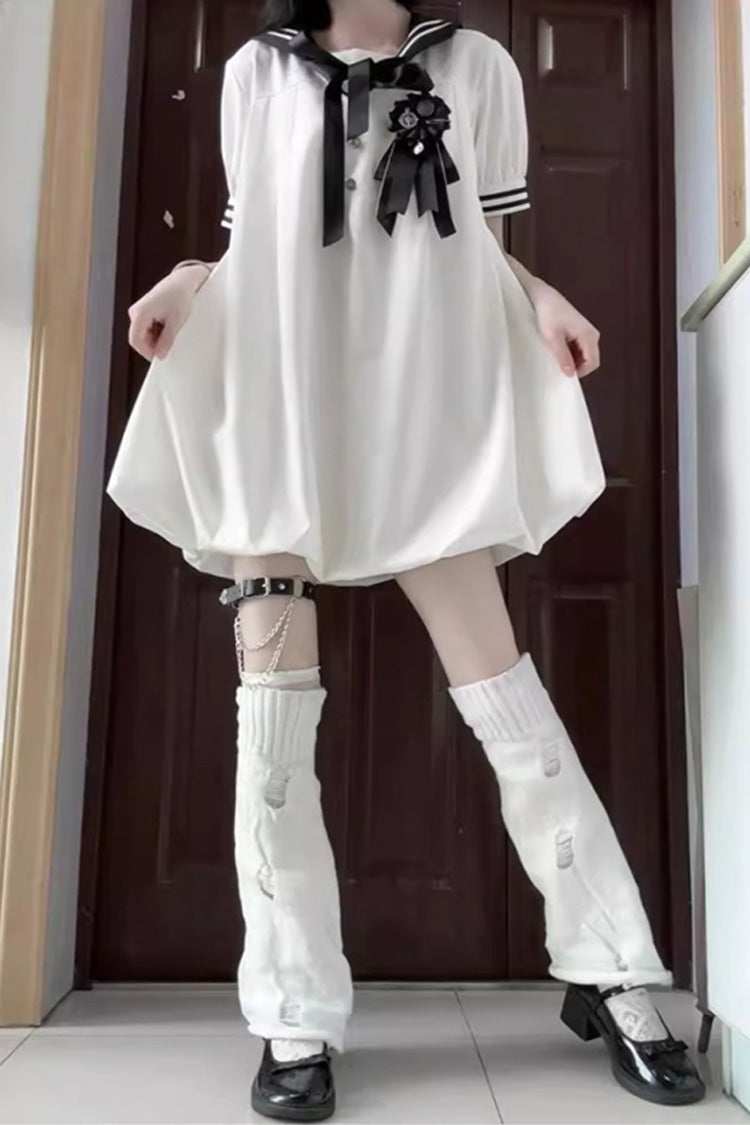 Black/White Old Stories Navy Collar Short Sleeves Bowknot Sweet Lolita Dress