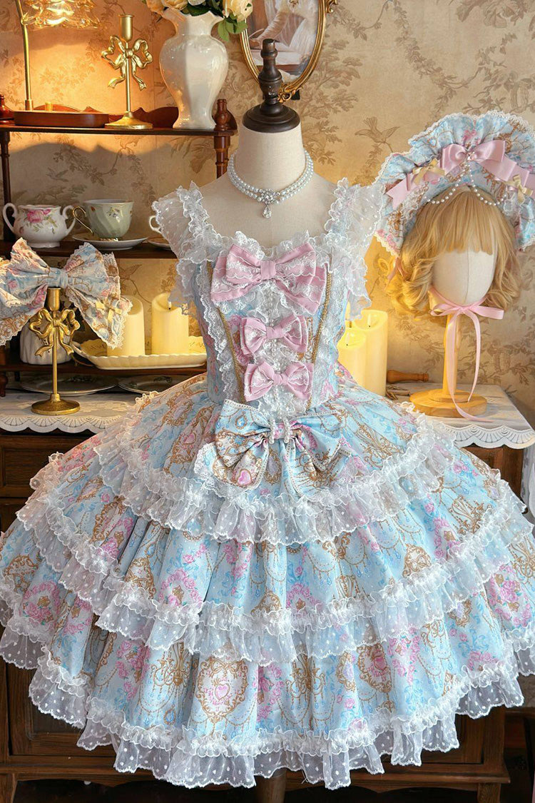 Blue Candelabrum Elegy Sleeveless Triple-Layered Flower Wall Printed Ruffled Bow Lace Sweet Lolita Jsk Dress