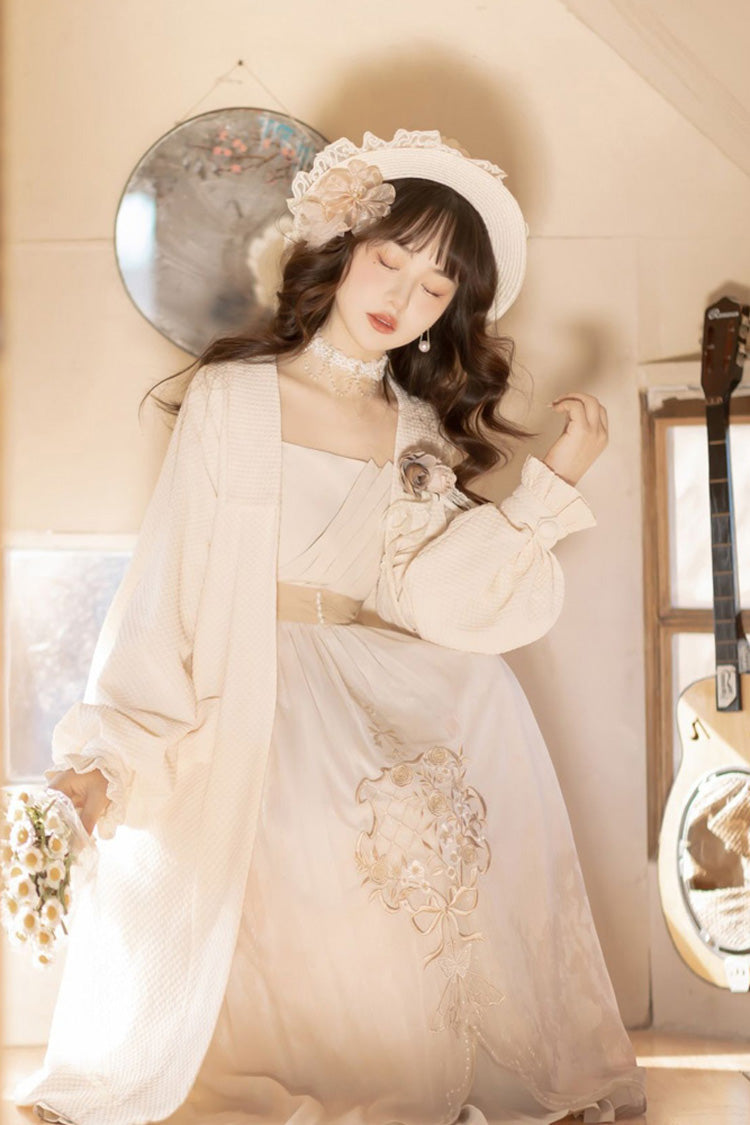 White Chinese Style Bronzing Flower Embroidery Sweet Lolita Jsk Dress