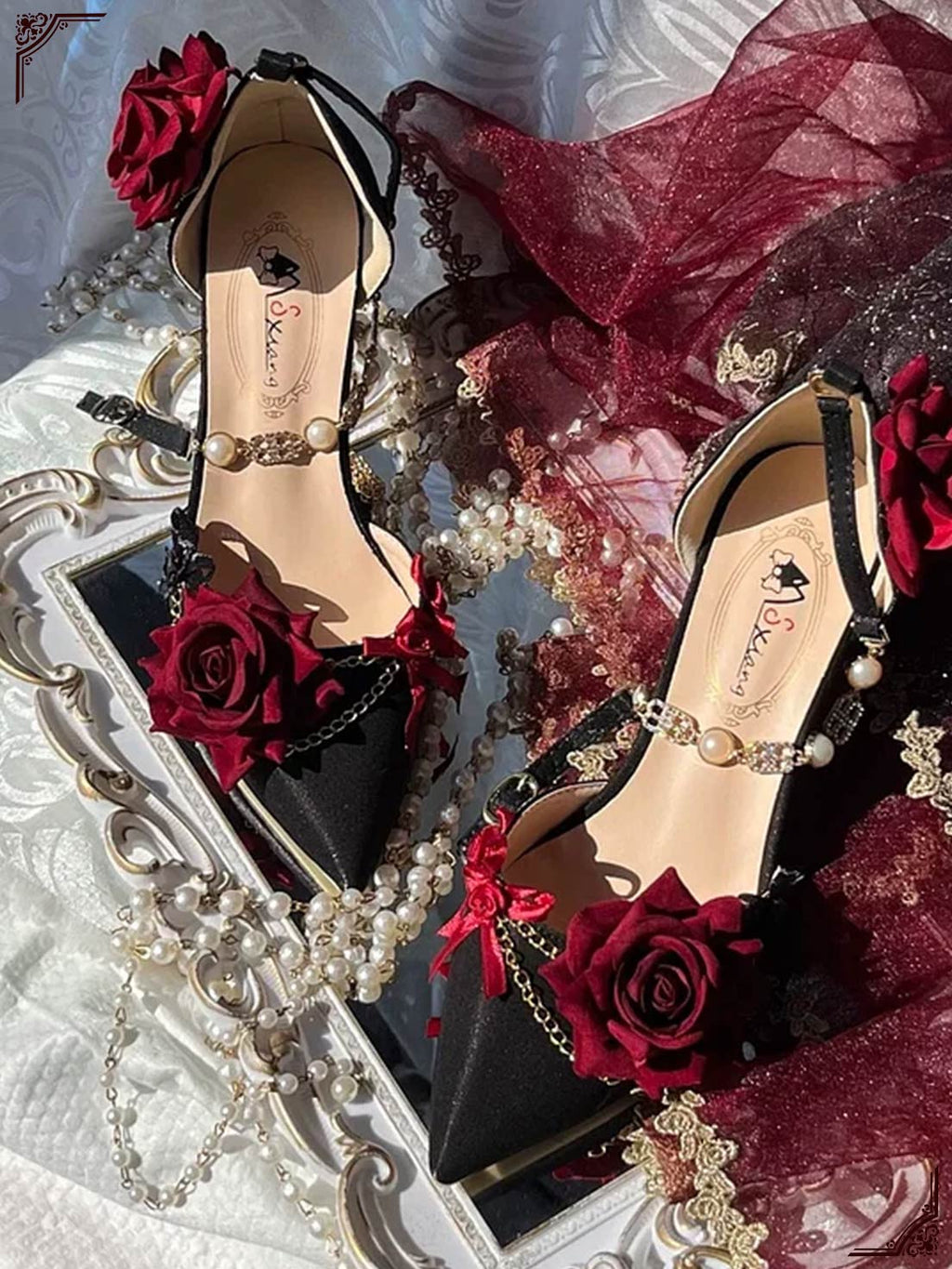 Dark Rose Goth Lolita Gorgeous Pointed-toe Mid Heel Lolita Shoes Part Shoes