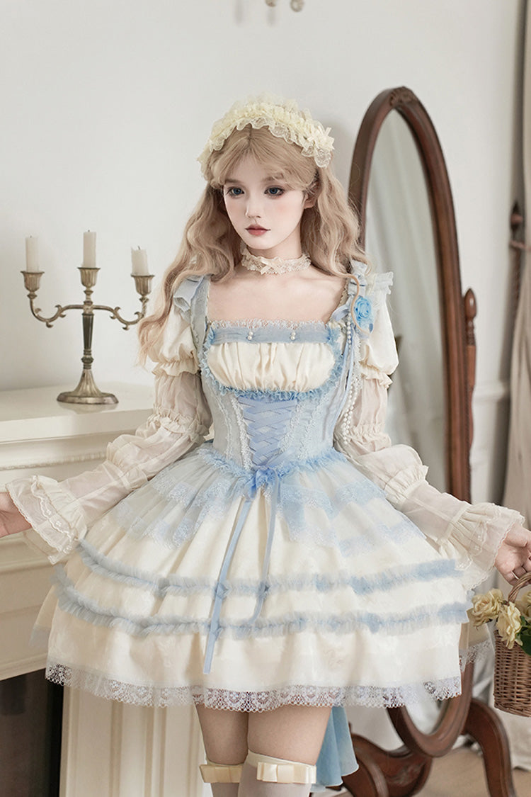 Ivory Sea Salt Iced Tea Square Collar Short Sleeves Ruffle Fishbone Sweet Lolita Short Dress