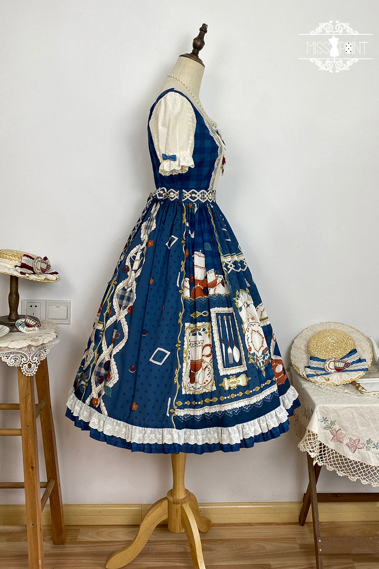 Dark Blue Tea Party Short Sleeves Print Ruffle Bowknot Lace Sweet Elegant Lolita Dress