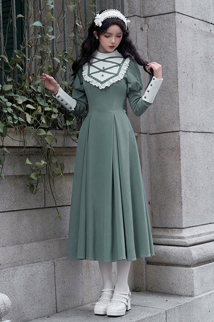 Green Nun Style Stand Collar Long Sleeves Ruffle Bowknot Classic Elegant Lolita Dress