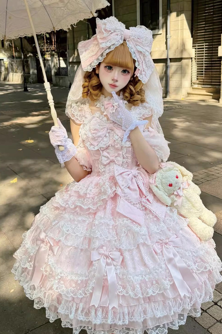 Pink Dream of the Misty Moon Sleeveless Multi-Layered Ruffled Bow Lace Pearl-Decorated Sweet Princess Lolita Jsk Dress