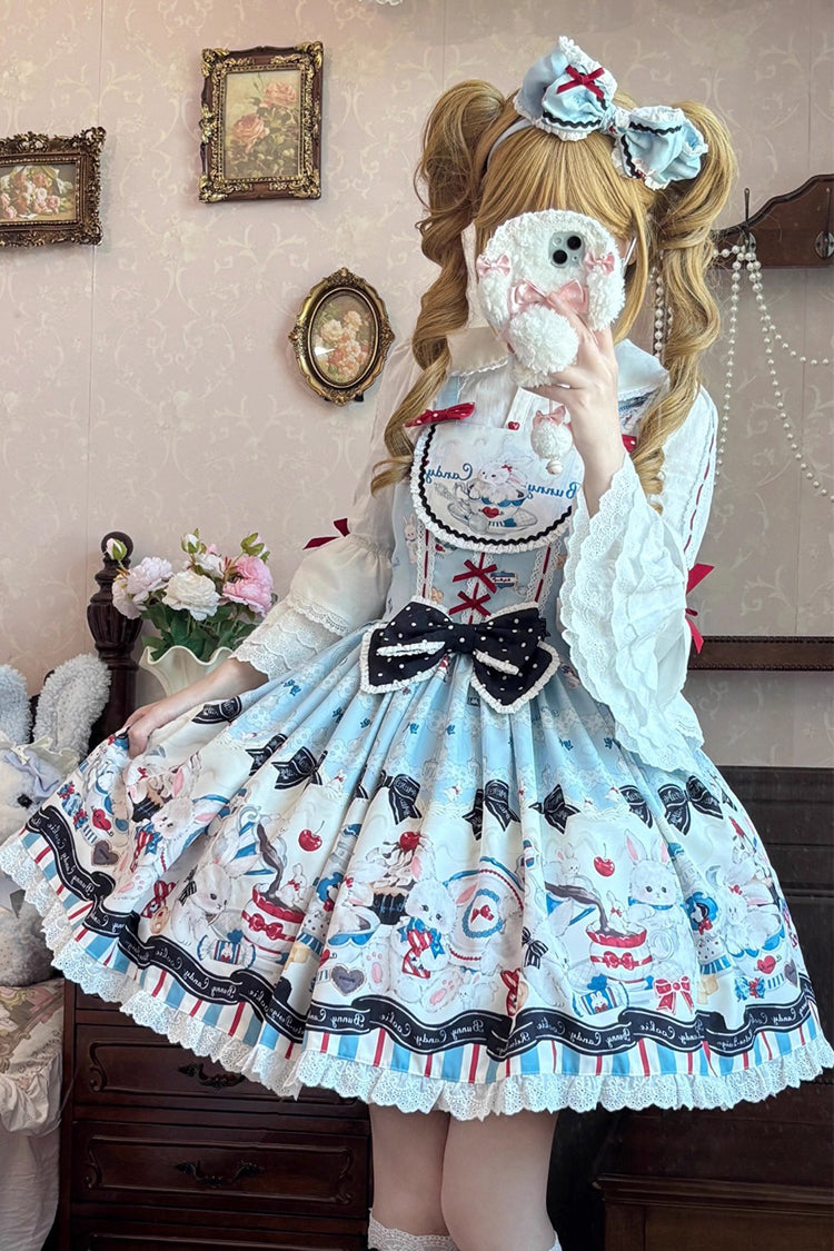 Blue Mystery Rabbit Tea Party Sleeveless Print Ruffle Bowknot Lace Sweet Lolita Jsk Dress