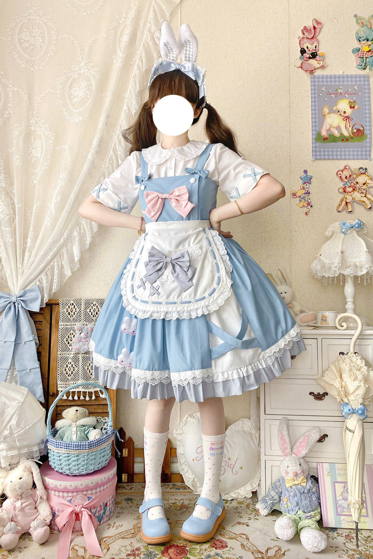 Blue Picnic Rabbit Ruffle Bowknot Lace Daily Sweet Lolita Jsk Dress Set