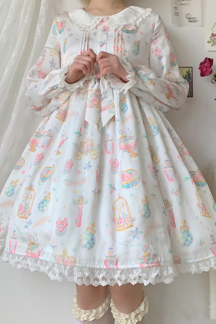 White/Apricot Long Sleeves Print Bowknot Lace Sweet Plus Size Lolita Dress