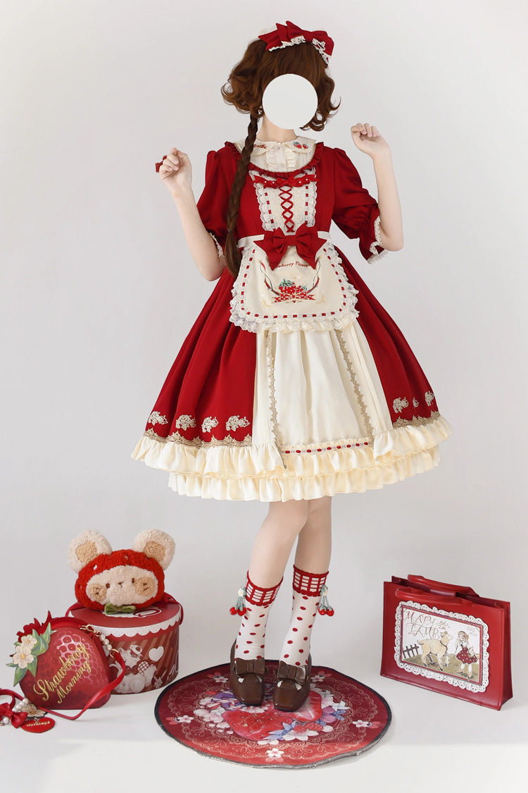 Red Tochigi Girl Double-Layered Ruffle Embroidery Cardigan Sweet Lolita Dress Full Set