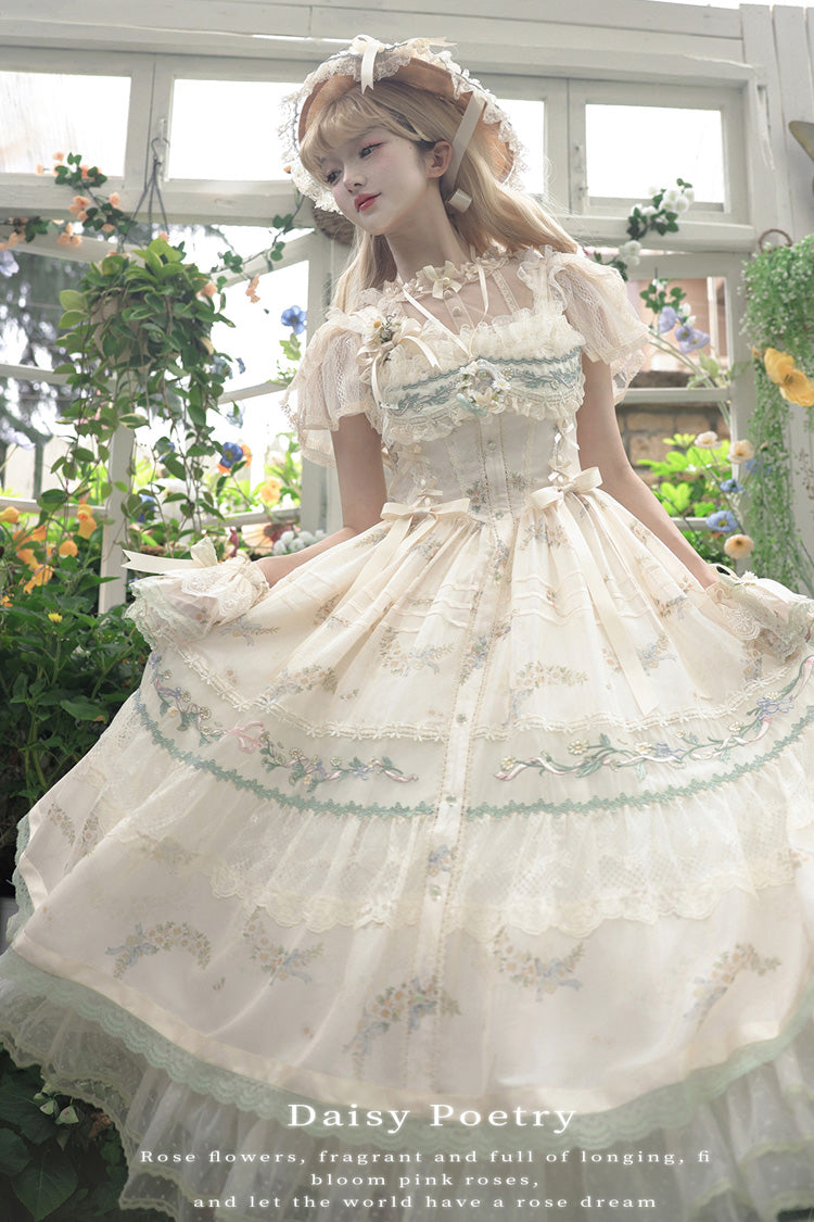 Multi-Color Daisy Poetry Print Ruffle Hollow Embroidery Lace Sweet Elegant Princess Lolita Jsk Dress