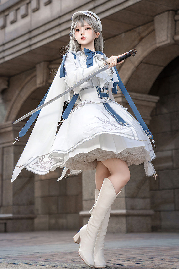 White/Blue Star Knight Print Punk Military Princess Handsome Ouji Lolita Skirt