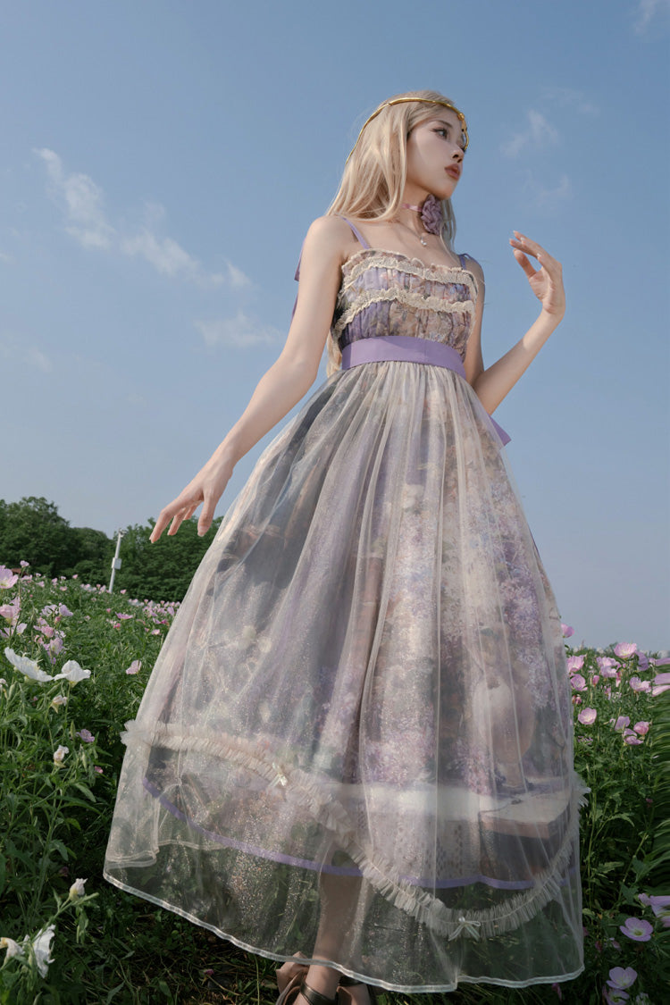 Purple Oil Painting – In the Shade of Blossoming Trees Sleeveless Print Ruffle Bowknot Lace Sweet Lolita Jsk Dress