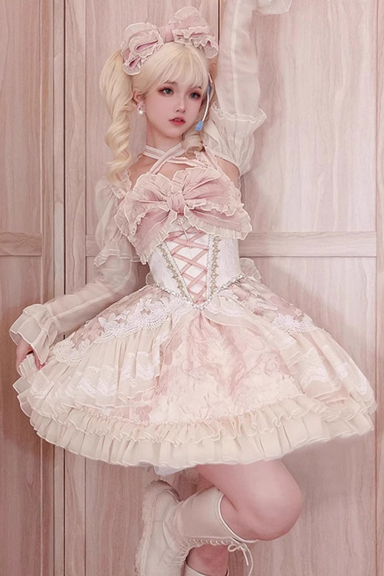 Pink Lilibet Print Ruffle Cardigan Bowknot Lace Fishbone Sweet Lolita Dress