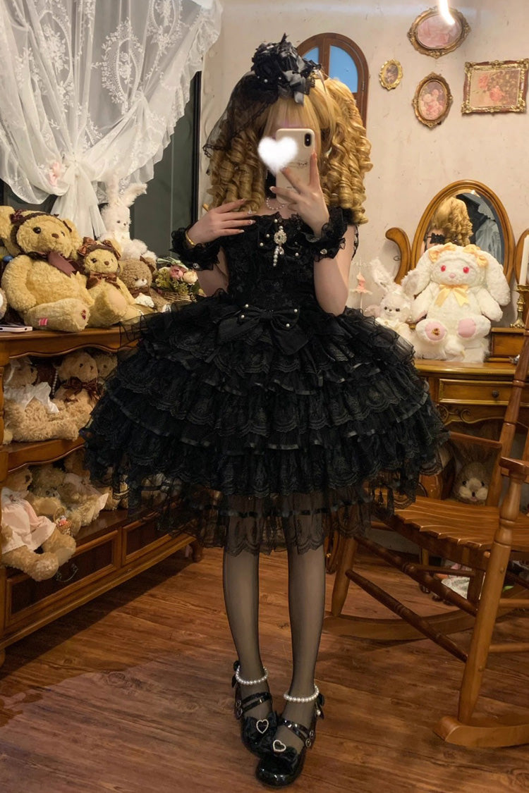 Black Ballad of Feathers Sleeveless Multi-Layered Ruffle Hanayome Bowknot Gothic Lolita Jsk Dress