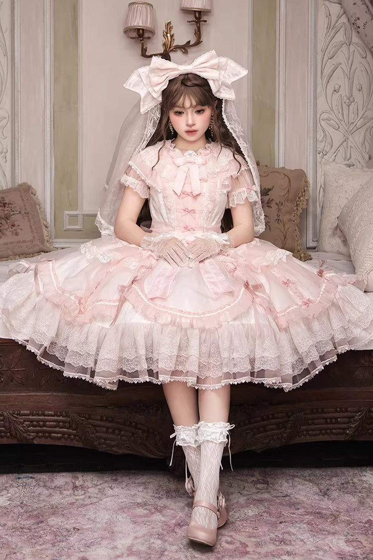 Pink Candy Flavor Round Collar Short Sleeves Ruffled Bow Lace Sweet Gorgeous Lolita OP Dress