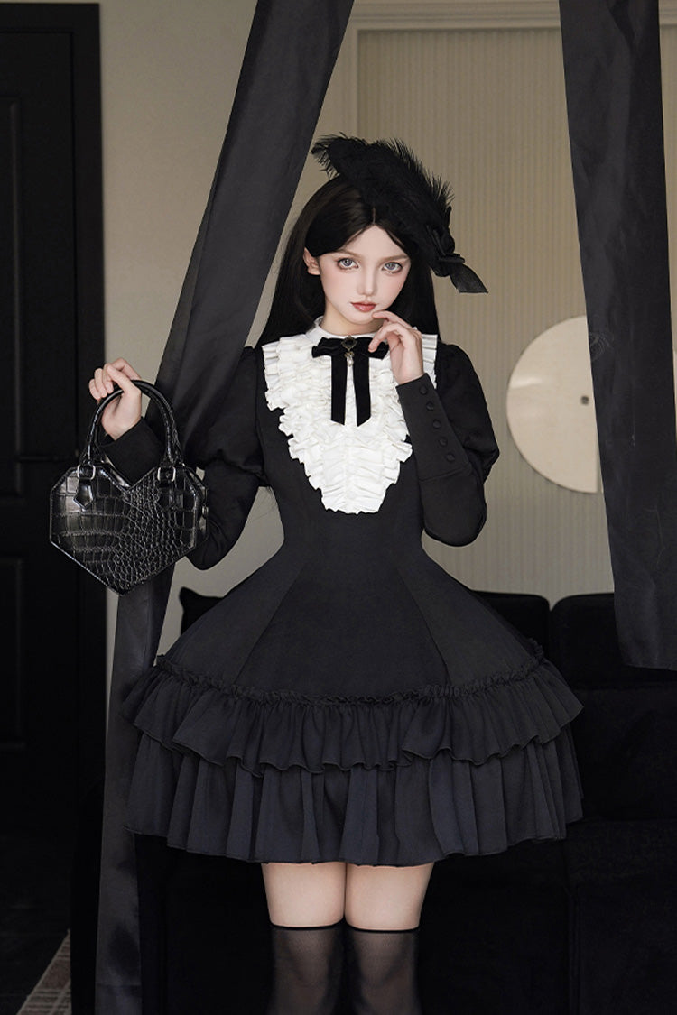 Black Miss Weir Stand Collar Long Sleeves Double-Layered Ruffle Gothic Lolita Dress