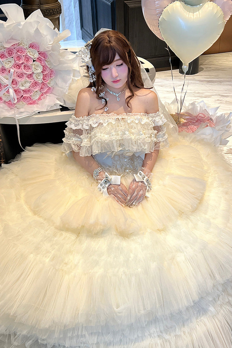 White Maiden's Love Off Shoulder Triple-Layered Ruffled Hanayome Bow Lace Sweet Princess Lolita Dress