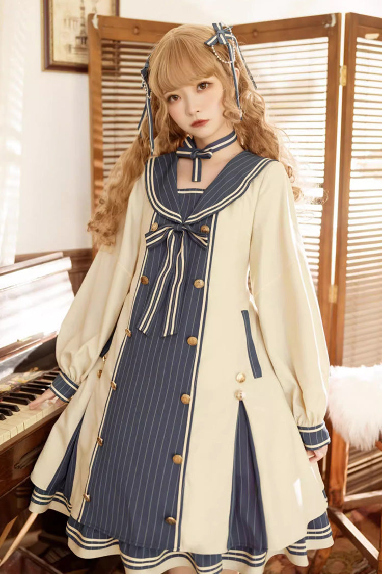 Blue/Apricot Navy Collar Long Sleeves Print Ruffle Bowknot Sweet Plus Size Lolita Dress