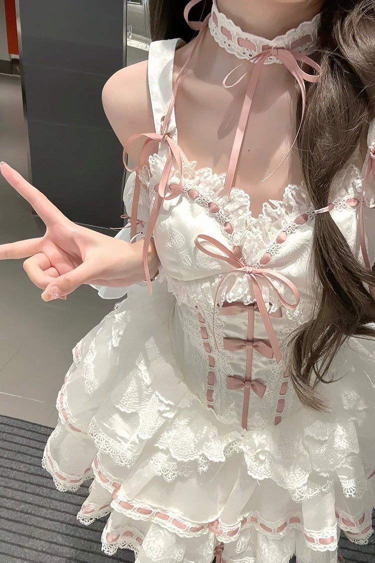 White Little Love Song Detachable Trumpet Sleeves Ruffle Bowknot Lace Sweet Lolita Top Skirt Set